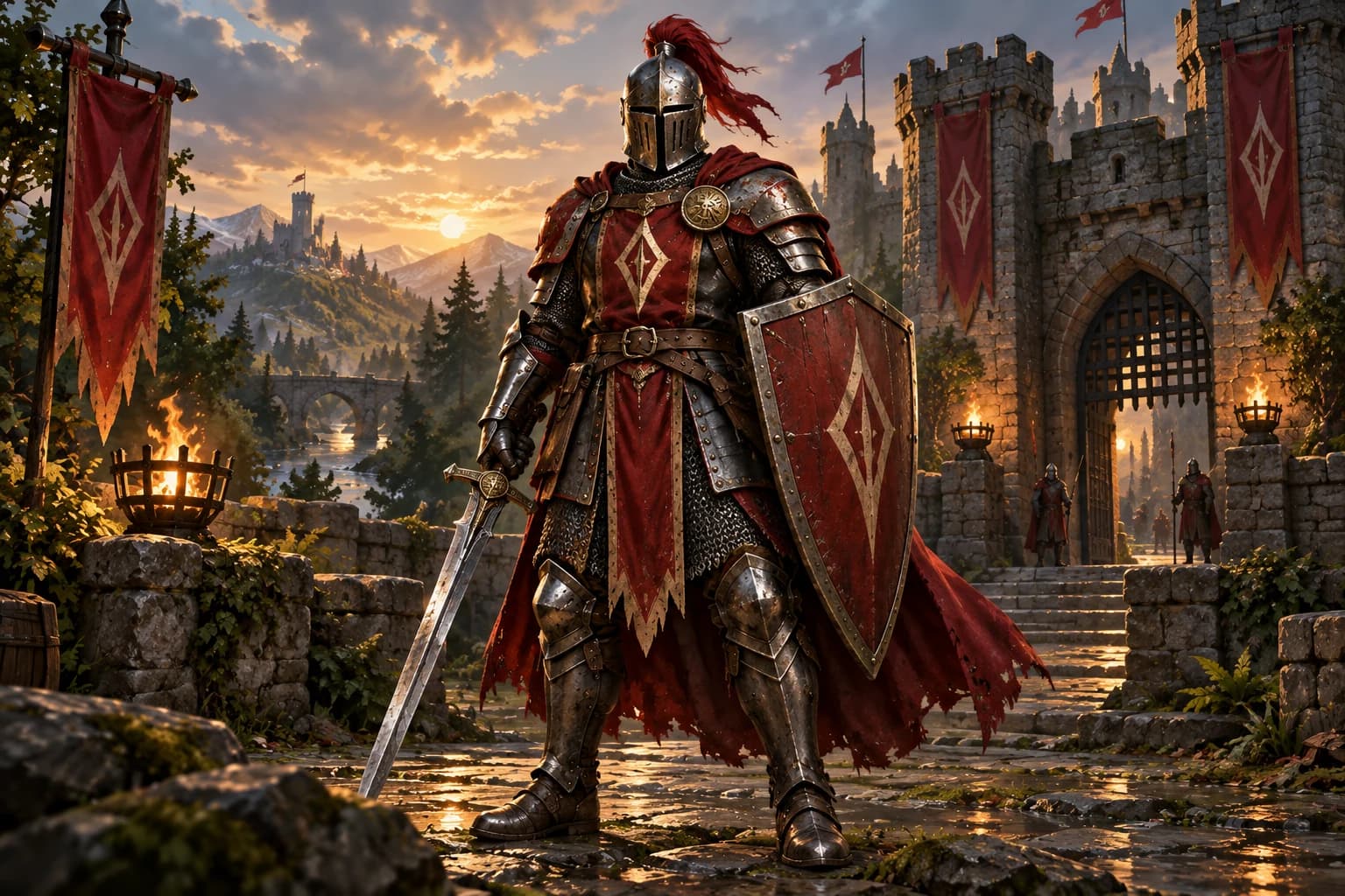 Armored adventurer ready for a new journey at a castle