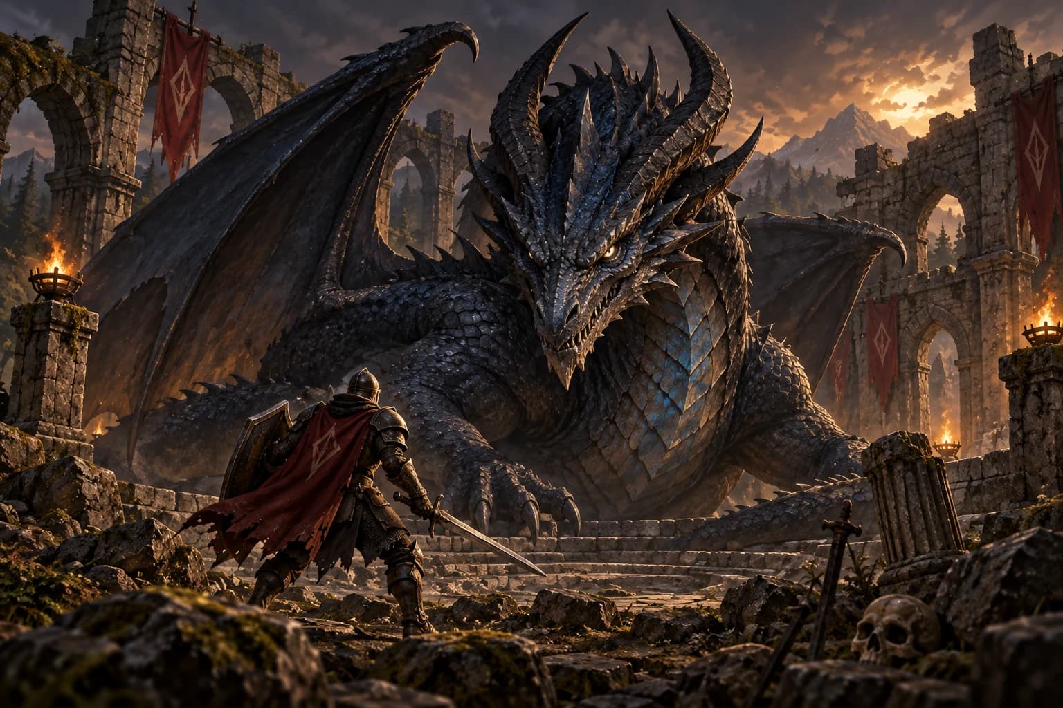 Armored adventurer confronting a dragon in a ruined arena
